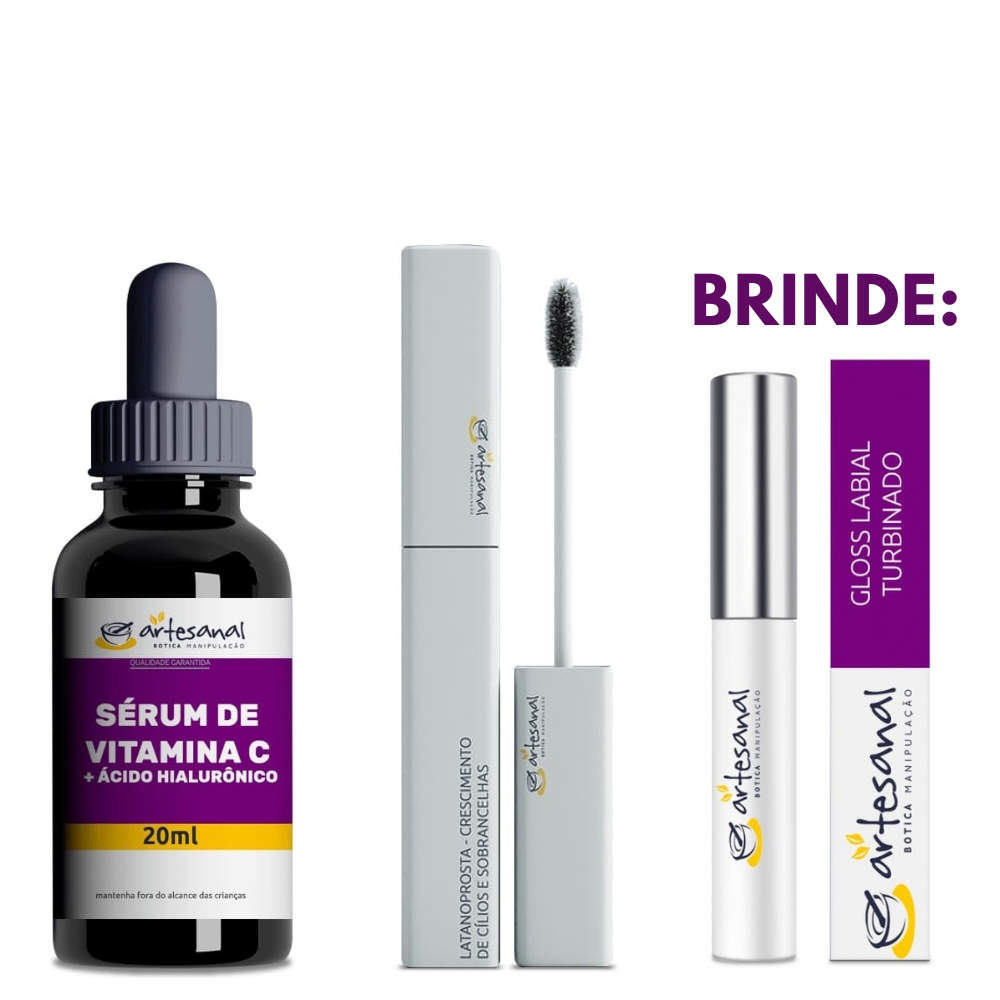 Sérum de Vitamina C e Ácido Hialurônico + Latanoprosta para Crescimento de  Cílios e Sobrancelha + BRINDE: Gloss para Aumento Labial - Artesanal Botica  Manipulação